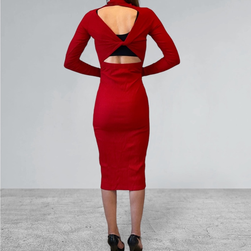 Enza Costa Viscose Rib Twist Back, Long Sleeve Red Midi Cocktail Dress, Sz S - Picture 7 of 14